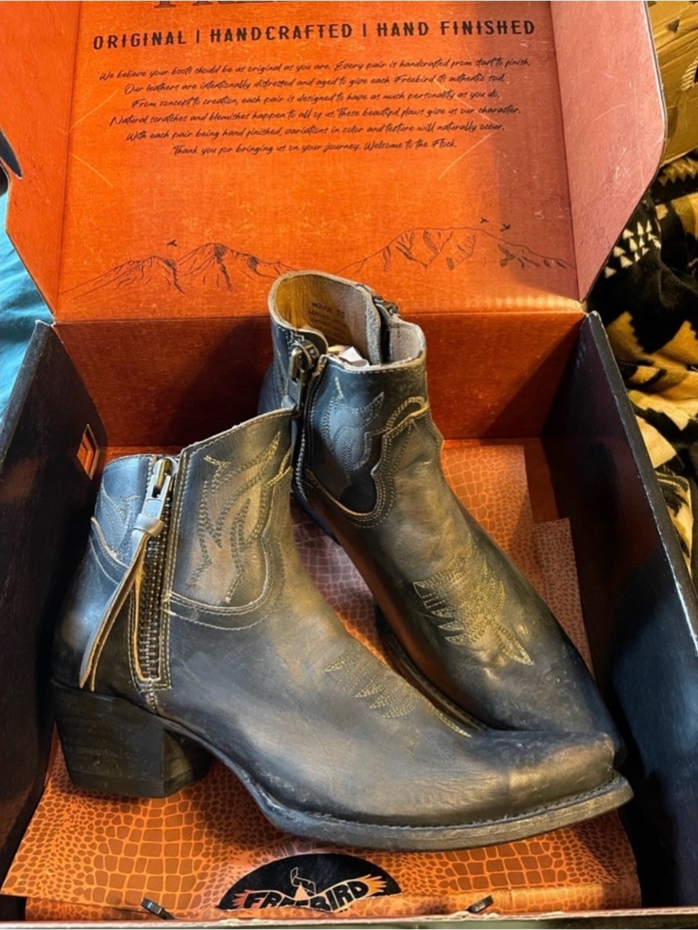 Freebird by Steven Black Leather Western Ankle Booties with Side Zips